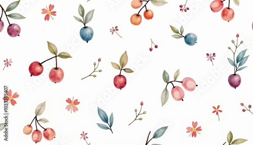 Wallpaper Mural Charming watercolor pattern of berries and leaves on white background, floral design, copy space Torontodigital.ca