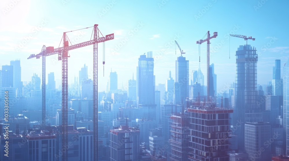 Fototapeta premium Construction cranes over a cityscape under a blue sky.