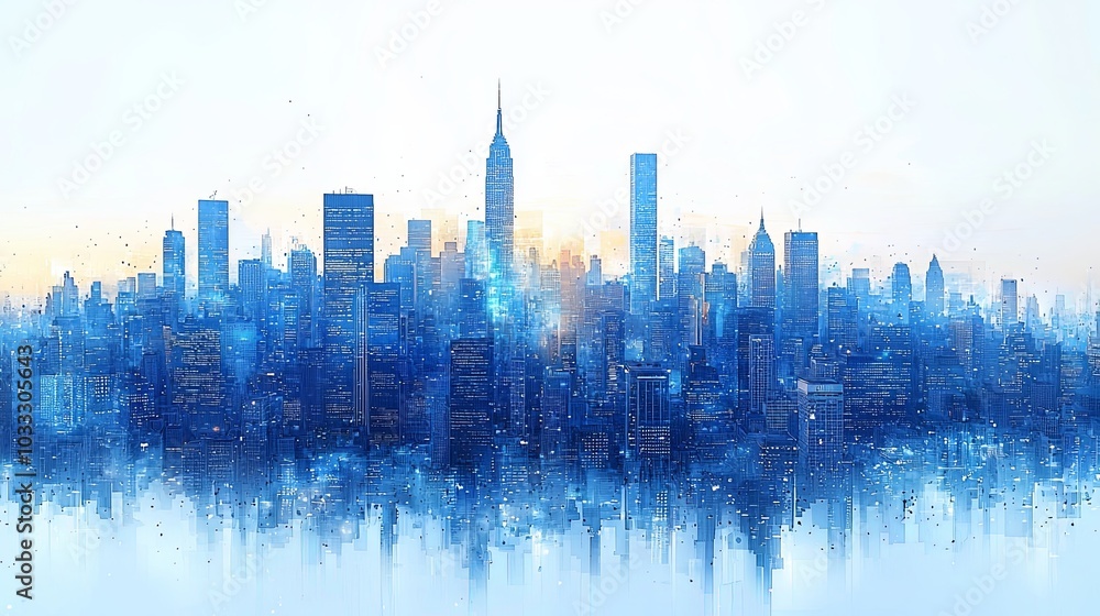 Obraz premium This blue-toned image features a city skyline with digital reflections, illuminating modern urban life with a fresh, innovative, and stylish perspective.