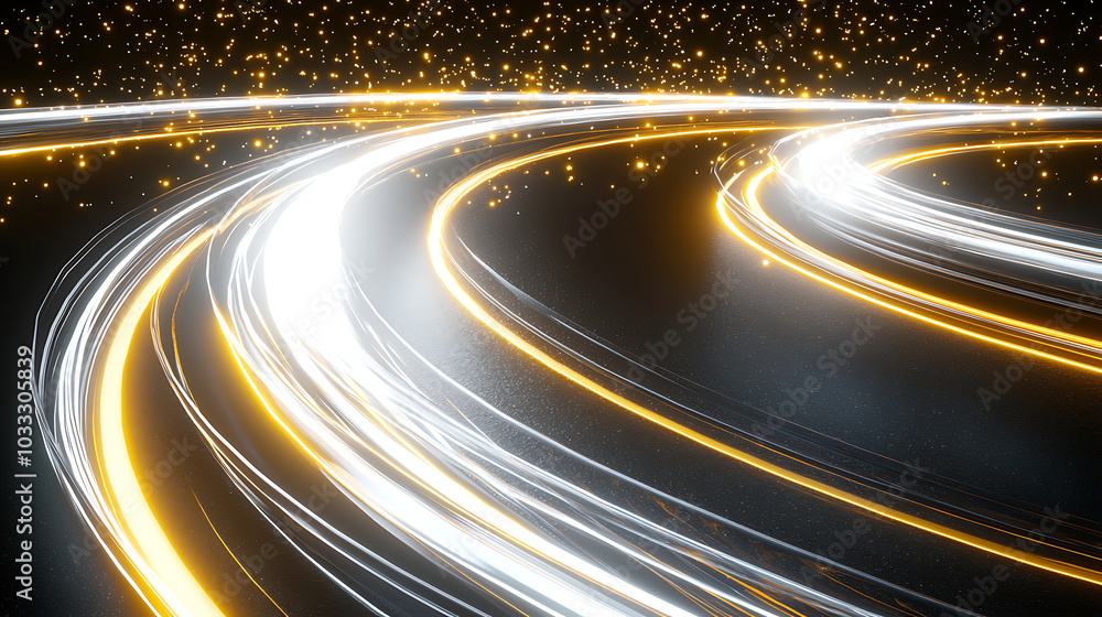 Abstract white and yellow light trails on a dark background Abstract white and yellow light trails on a dark background