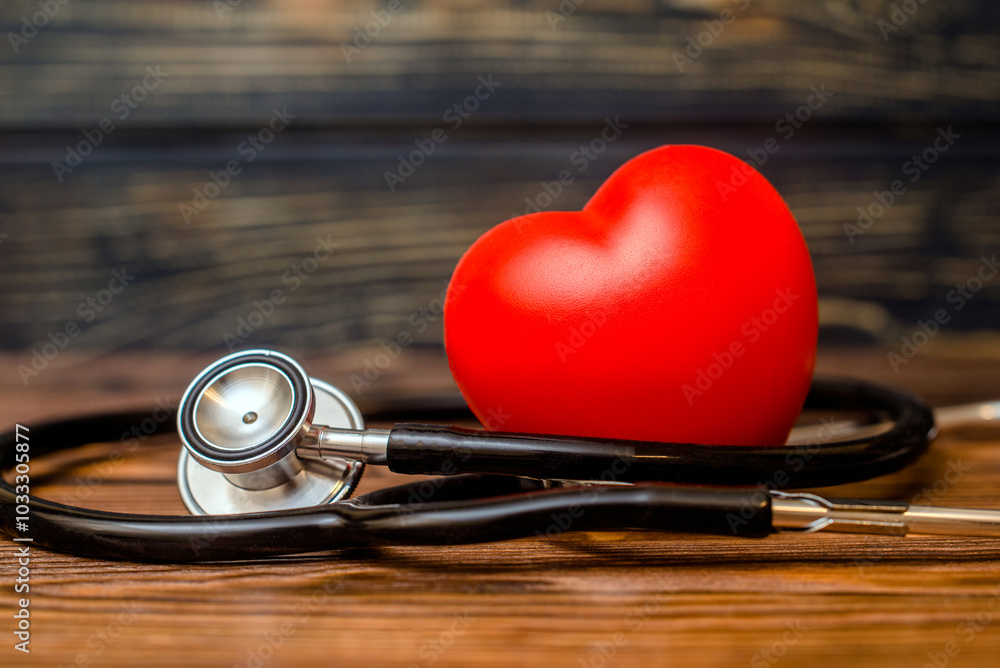 Red heart with stethoscope on brown background
Red heart with stethoscope on brown background