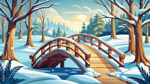 Snowy, wooden bridge in a winter day. Stare Juchy, Poland