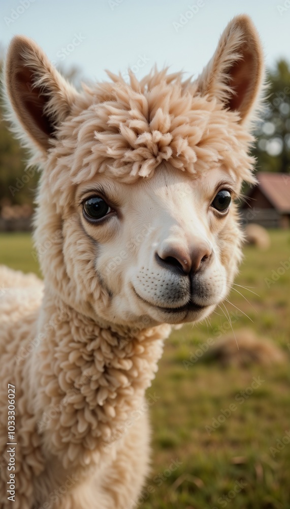 Obraz premium Charming baby alpaca with fluffy fleece in green field on sunny day, farm life, copy space
