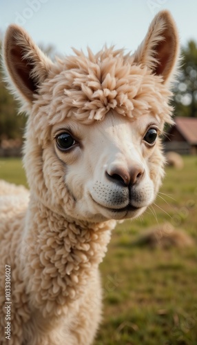 Charming baby alpaca with fluffy fleece in green field on sunny day, farm life, copy space