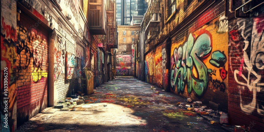 Fototapeta premium Graffiti-covered alleyway with brick walls.