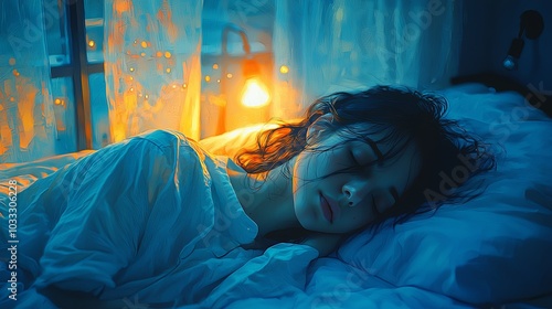 A serene evening portrait showcasing a woman sleeping peacefully beside a warmly glowing lamp, capturing the essence of tranquility and restfulness at night. photo