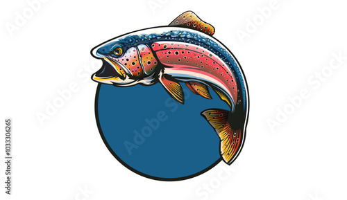 Rainbow trout jumping out water.Salmon isolated on white background. Concept art for horoscope, tattoo or colouring book.