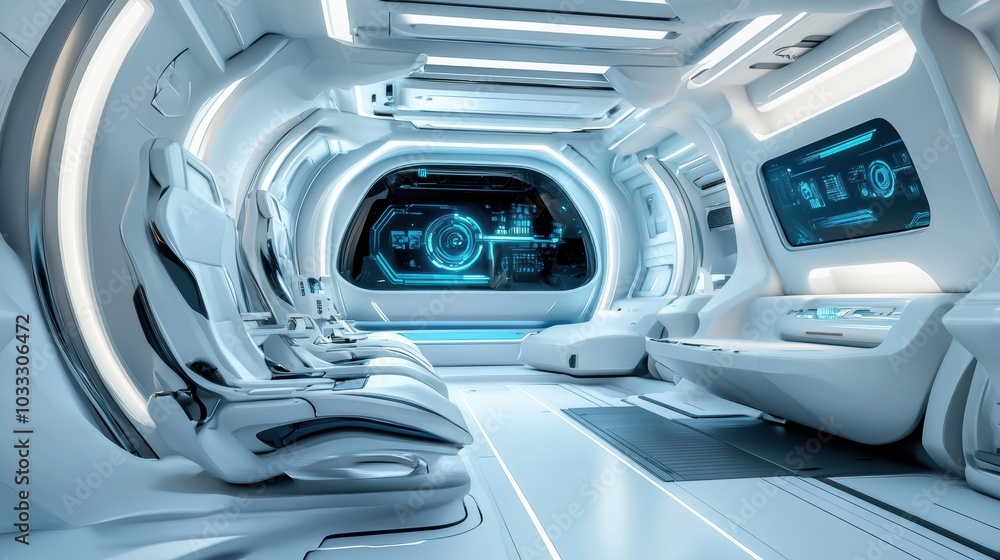 Futuristic spaceship interior with seats and screens. Futuristic spaceship interior with seats and screens.