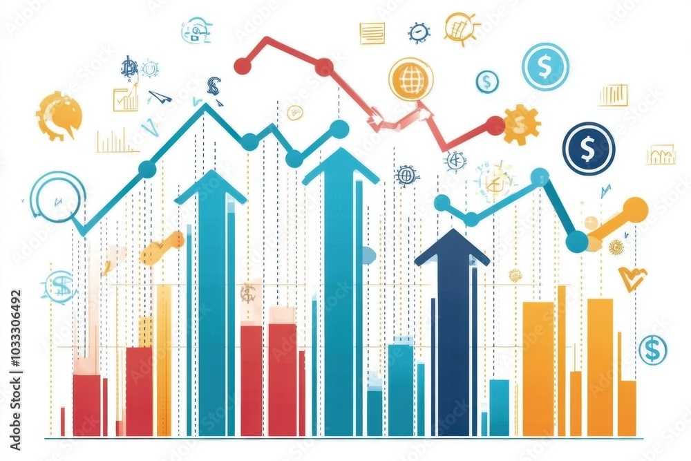 An infographic illustrating a business growth chart with upward arrows and financial symbols, representing success and profit, with significant blank space for commercial text or branding. An infographic illustrating a business growth chart with upward arrows and financial symbols, representing success and profit, with significant blank space for commercial text or branding.