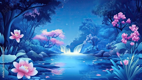A Tranquil Nighttime Scene with Pink Flowers, a Waterfall, and a Pool of Water