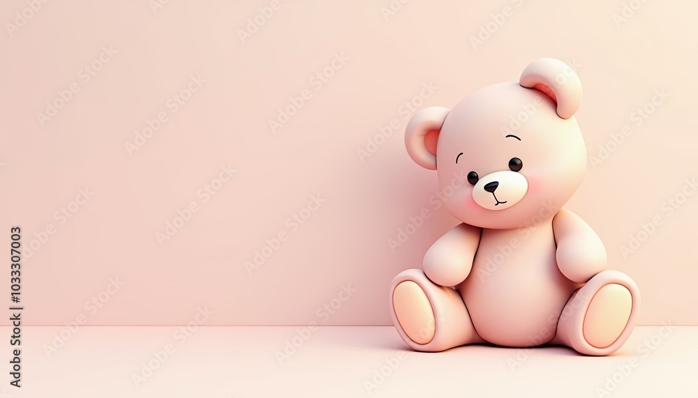 Adorable pink teddy bear sitting contentedly against a soft pink background with copy space Adorable pink teddy bear sitting contentedly against a soft pink background with copy space