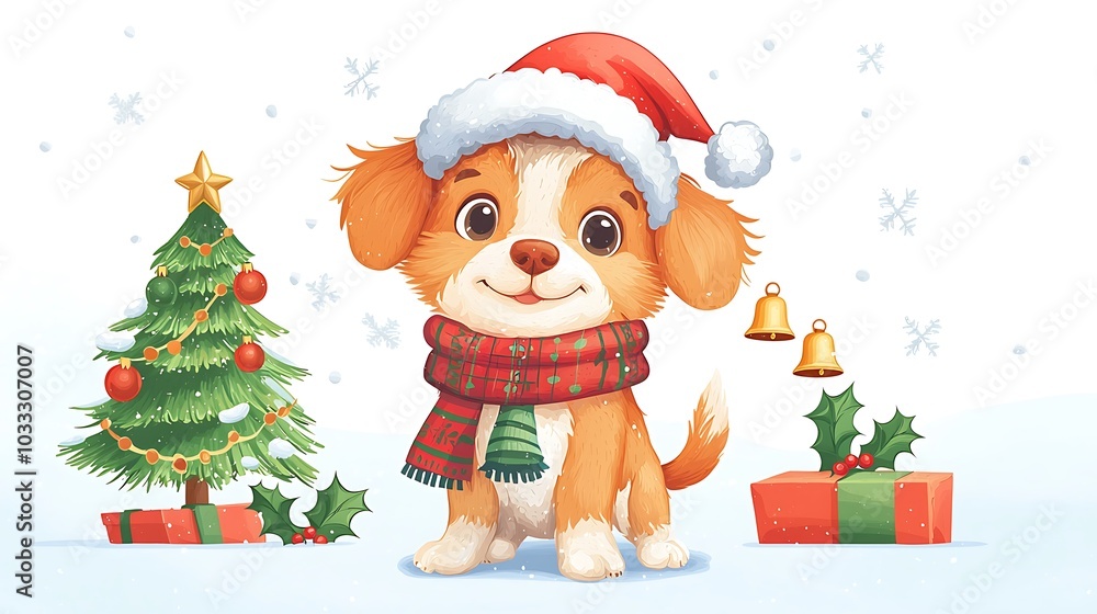 Cute Puppy Wearing Santa Hat and Scarf with Christmas Tree and Gifts