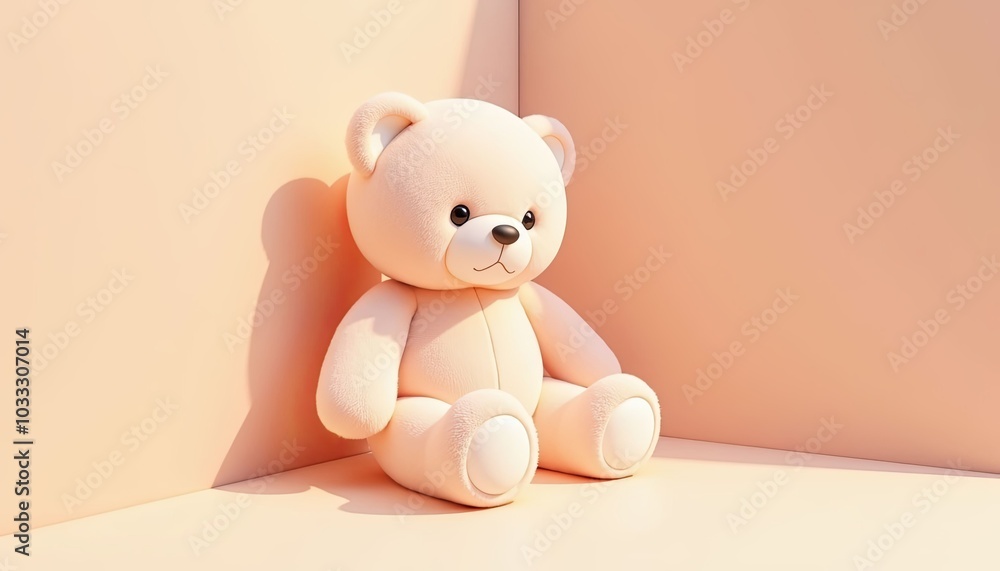 Adorable pink teddy bear sitting contentedly against a soft pink background with copy space Adorable pink teddy bear sitting contentedly against a soft pink background with copy space