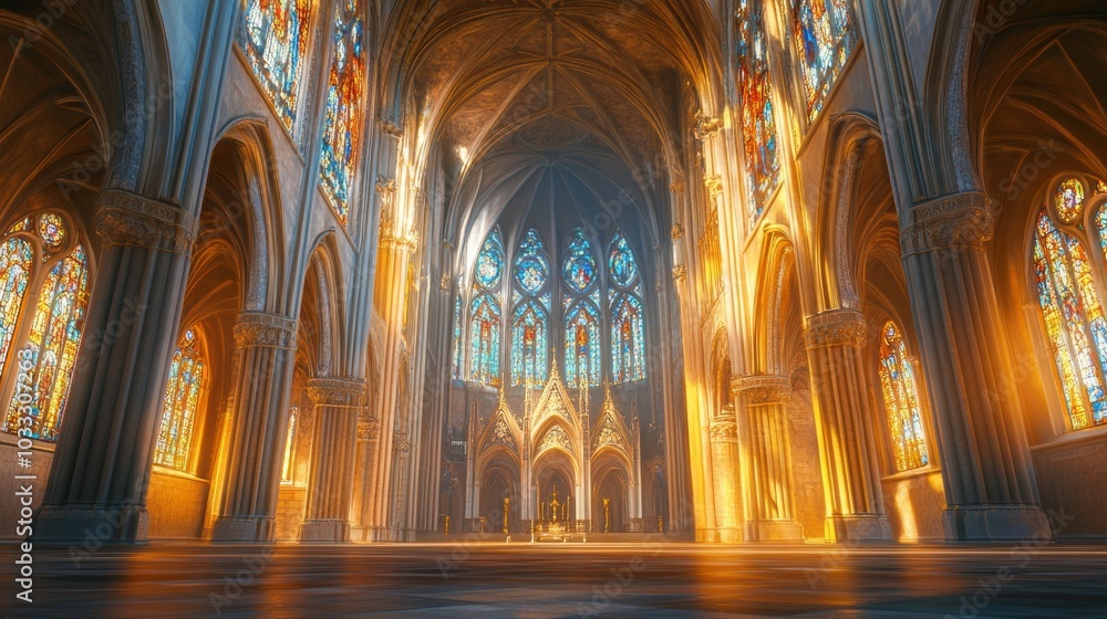 A cathedral interior with stained glass windows. A cathedral interior with stained glass windows.