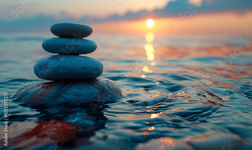 Tranquil Ocean Sunset with Balanced Stones, Mindfulness, Slow Living, and Relaxation photo