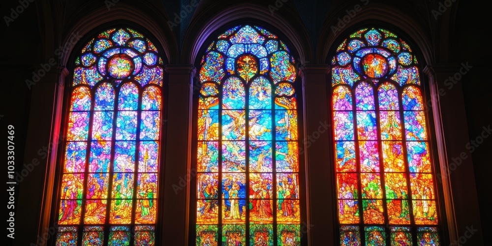 Three stained glass windows in church. Three stained glass windows in church.
