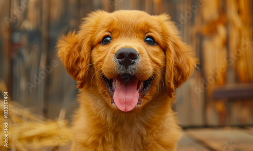 Joyful Golden Retriever Puppy Close-Up in Rustic Setting, Smiling Brightly with Tongue Out, Captures Pure Happiness and Playful Energy in a Warm, Outdoor Environment