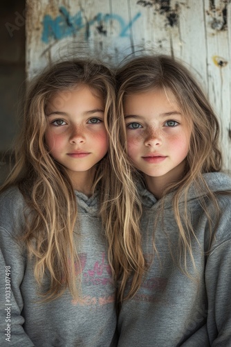 Twin girls together with skateboard, Generative AI