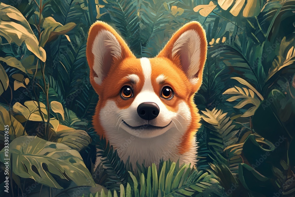 Cute Corgi Puppy Rolling Eyes in Vibrant Tropical Jungle 3D Cute Corgi Puppy Rolling Eyes in Vibrant Tropical Jungle 3D