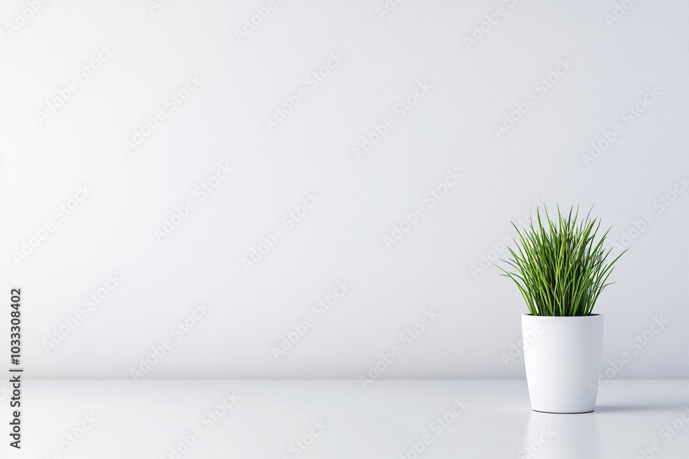 Minimalist Green Plant in White Pot on White Background Minimalist Green Plant in White Pot on White Background