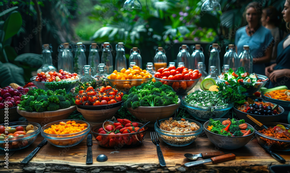 Friends at Farm to Table Dinner Party with Fresh Vegetables, Salads, and Rustic Decor in Outdoor Garden Setting During Twilight Friends at Farm to Table Dinner Party with Fresh Vegetables, Salads, and Rustic Decor in Outdoor Garden Setting During Twilight