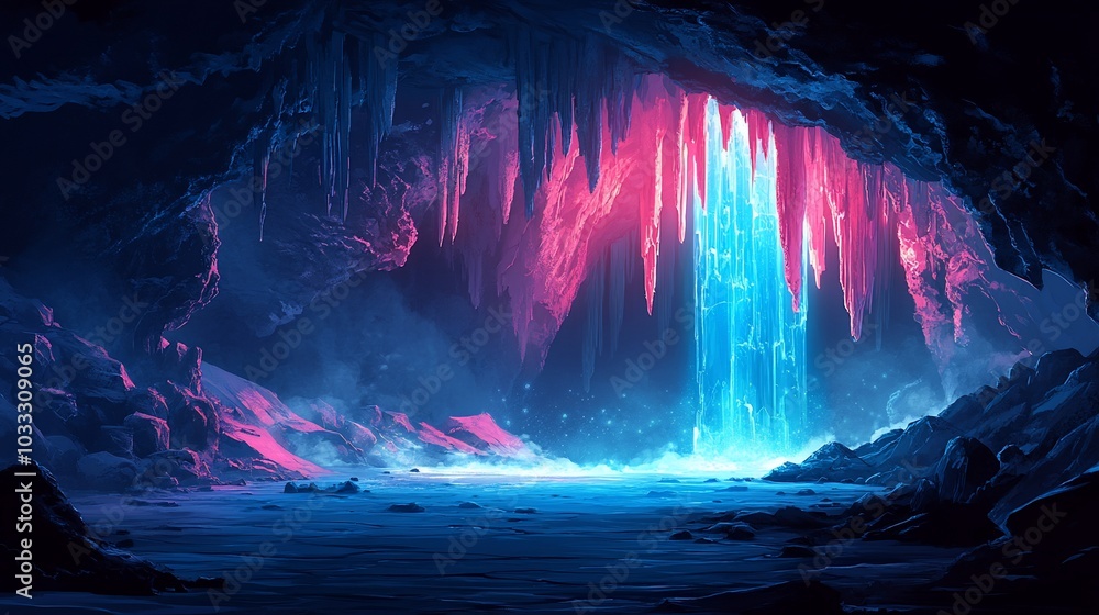 A vibrant cave with a glowing waterfall and colorful rock formations. A vibrant cave with a glowing waterfall and colorful rock formations.