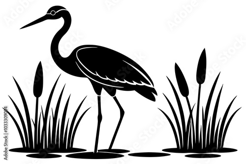 Stork Bird on the Water with Cattails Plants Silhouette Vector
