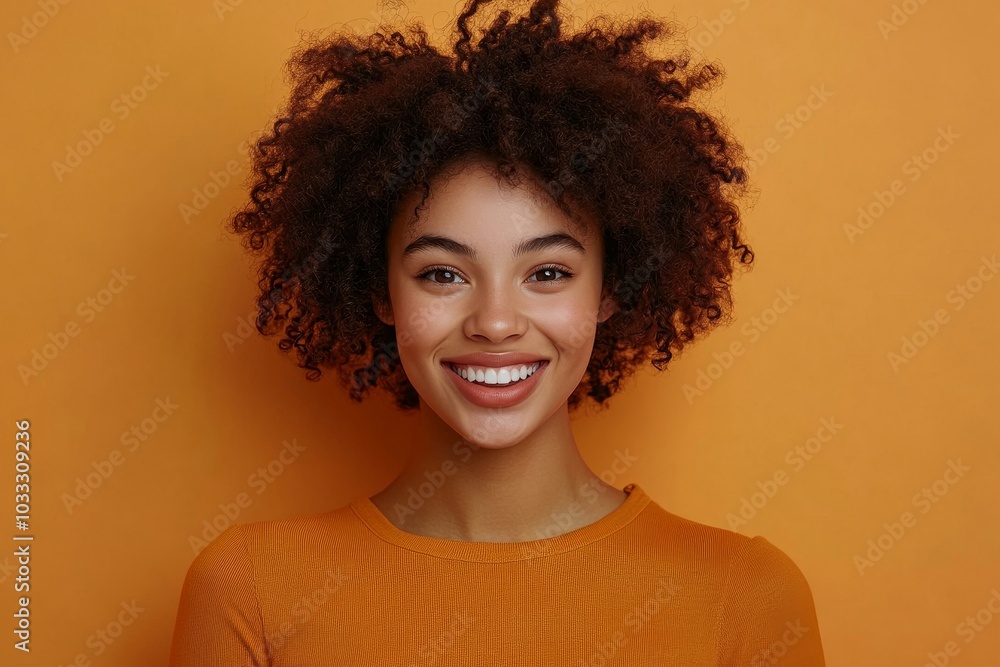 Vibrant woman recommending modern mobile device on orange background, Generative AI Vibrant woman recommending modern mobile device on orange background, Generative AI