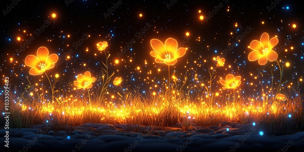 Naklejka premium Glowing Flowers in Night Field with Magic Lights