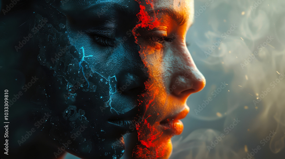 Duality of Emotion: Split Personality Concept with Contrasting Fire and Ice Faces, Surreal Night Setting, Artistic Visual Representation of Human Duality and Inner Conflict Duality of Emotion: Split Personality Concept with Contrasting Fire and Ice Faces, Surreal Night Setting, Artistic Visual Representation of Human Duality and Inner Conflict