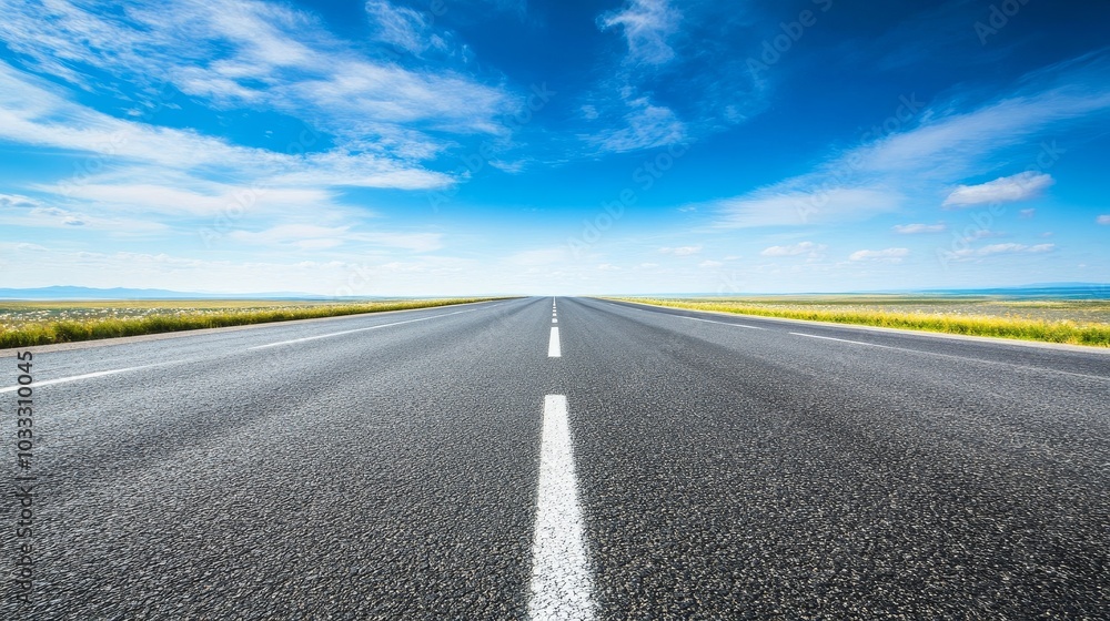 Naklejka premium A straight road stretches into the horizon under a clear blue sky, symbolizing freedom and travel.