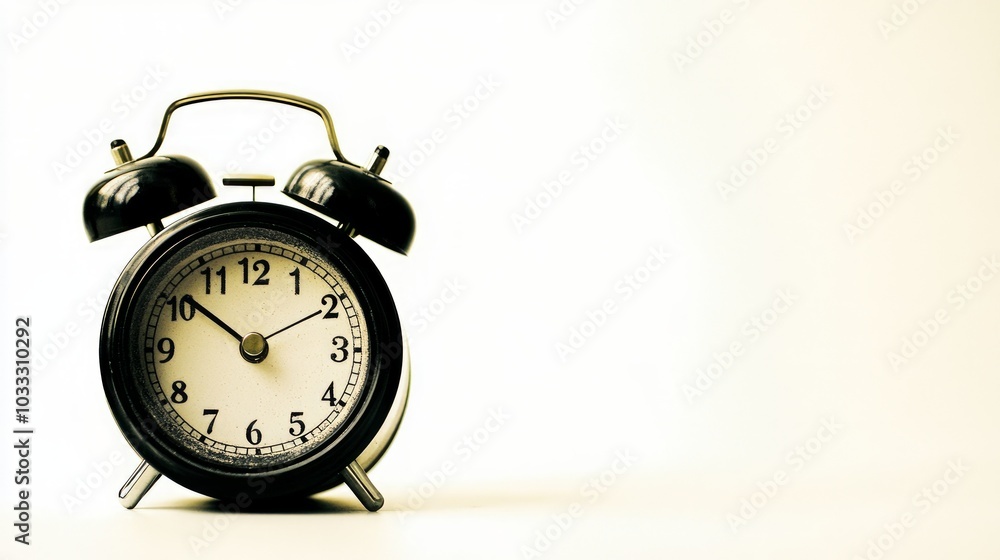 A classic black alarm clock with a white face is shown on a white background with space for copy. A classic black alarm clock with a white face is shown on a white background with space for copy.