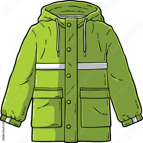 Vector Cartoon Hand Drawn Neon Green Raincoat With Reflector