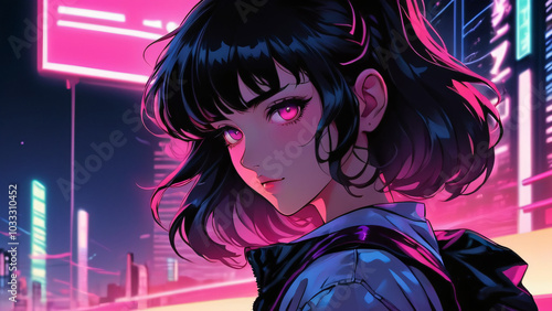 Synthwave anime manga girl, lofi background wallpaper design, anime girl, Manga Style
