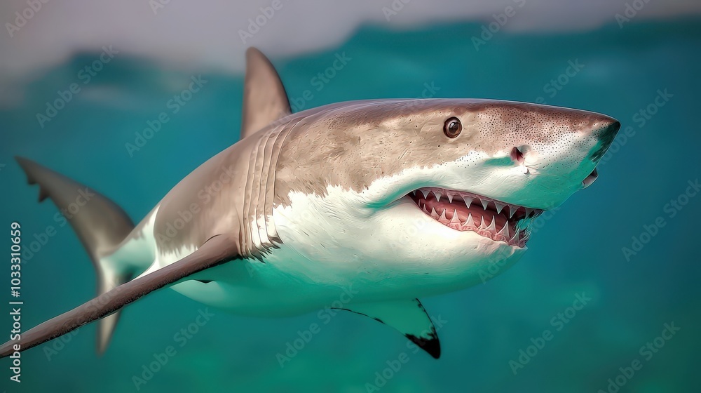 Naklejka premium Great White Shark Swimming in Ocean Water Predator Wildlife Marine Life