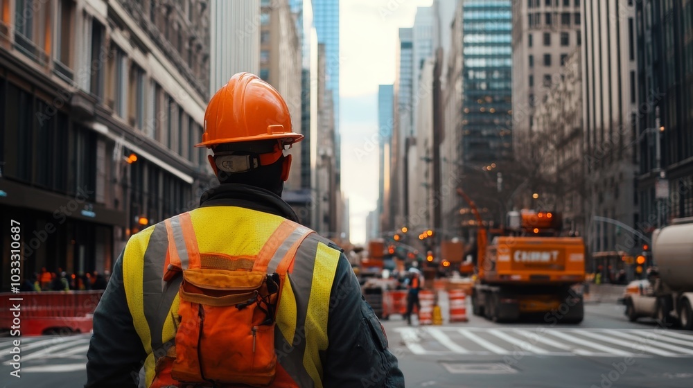 Construction worker in an urban setting, navigating the complexities of building within a bustling city environment Construction worker in an urban setting, navigating the complexities of building within a bustling city environment
