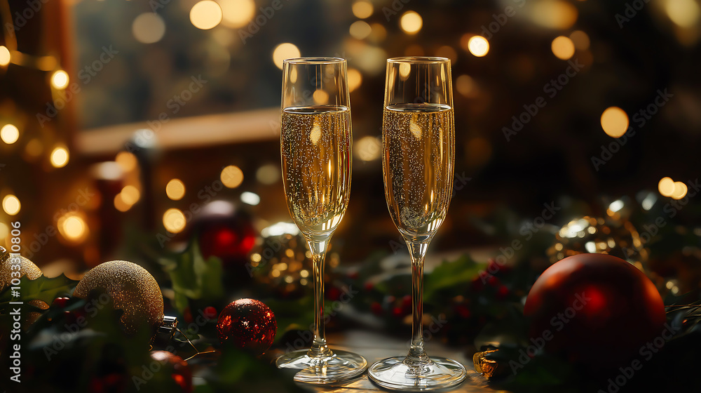 Two champagne glasses on a Christmas themed table, Decorated with festive ornaments, Christmas decorations Two champagne glasses on a Christmas themed table, Decorated with festive ornaments, Christmas decorations