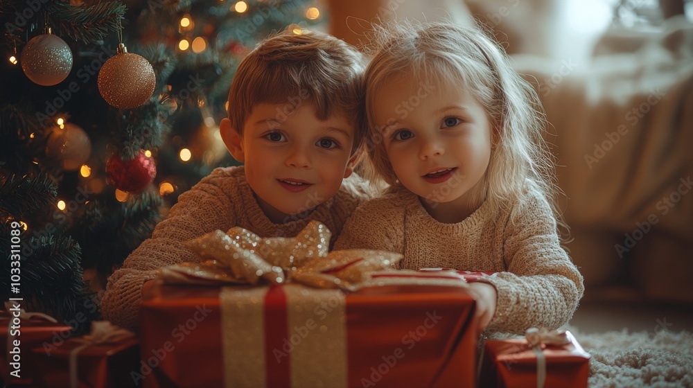 Siblings joyfully unwrapping Christmas presents together Siblings joyfully unwrapping Christmas presents together