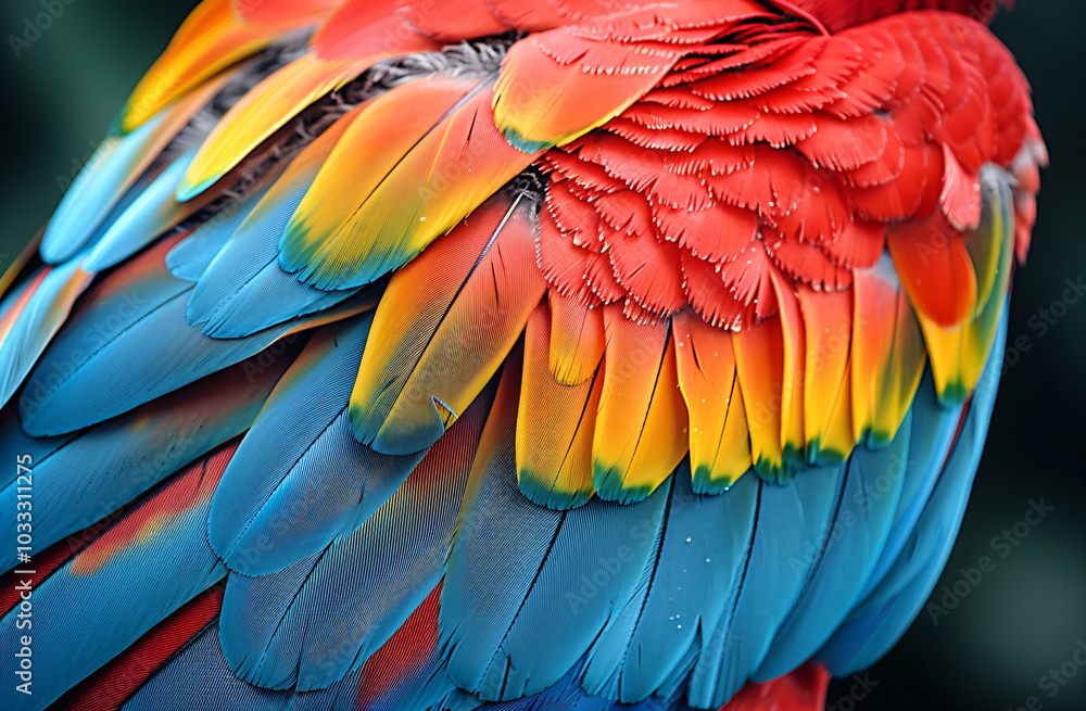Obraz premium Close-up of colorful parrot feathers, vibrant reds and yellows with blue green highlights, exotic texture background