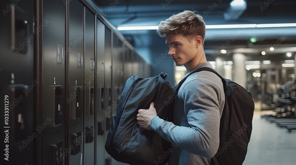 Fototapeta premium Sleek Gym Locker Storing Athletic Gear in Modern Fitness Facility