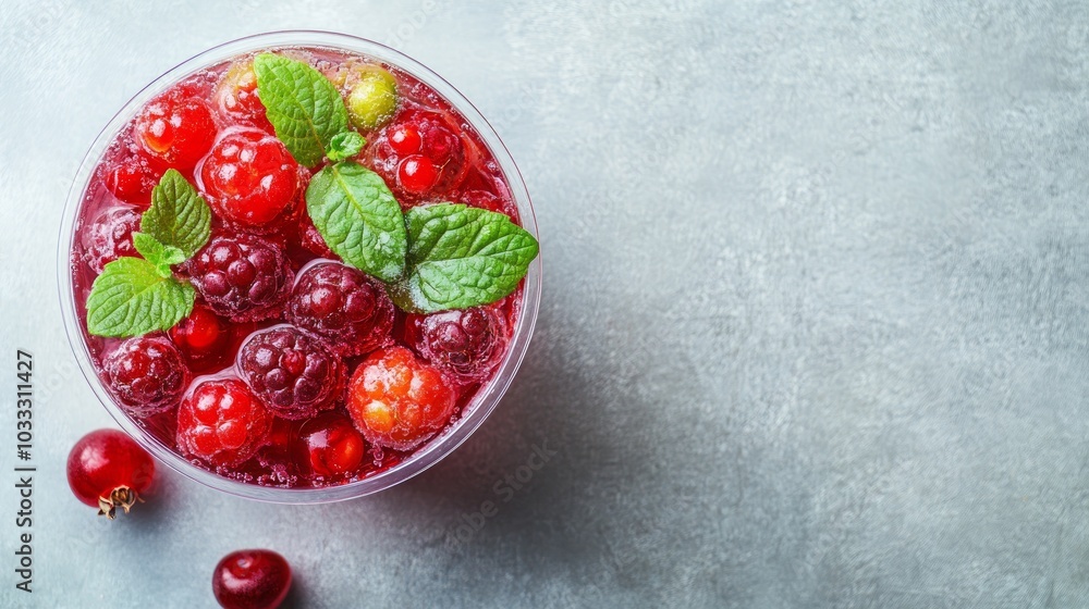 A clear glass bowl filled with a red fruit infused drink garnished with fresh mint leaves. The drink is surrounded by fresh red berries and a gray background. A clear glass bowl filled with a red fruit infused drink garnished with fresh mint leaves. The drink is surrounded by fresh red berries and a gray background.