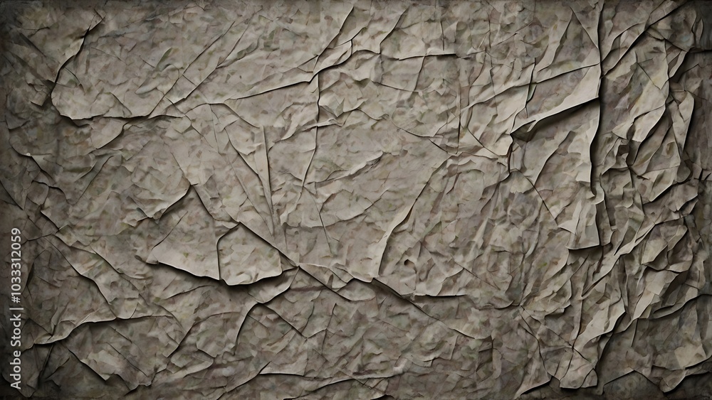 Image features a textured, abstract background with a crumpled paper effect, appears to be a close up of a wall or sheet with numerous creases and folds, creating a complex pattern of light and shadow Image features a textured, abstract background with a crumpled paper effect, appears to be a close up of a wall or sheet with numerous creases and folds, creating a complex pattern of light and shadow