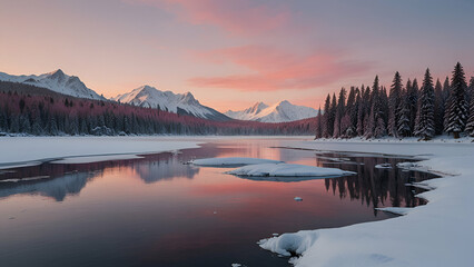 Crédence de cuisine  Serene Winter Lake and Snowy Mountain Reflections, Scenic Frozen River and Majestic Alpine Views at Dusk   © Anjaم 