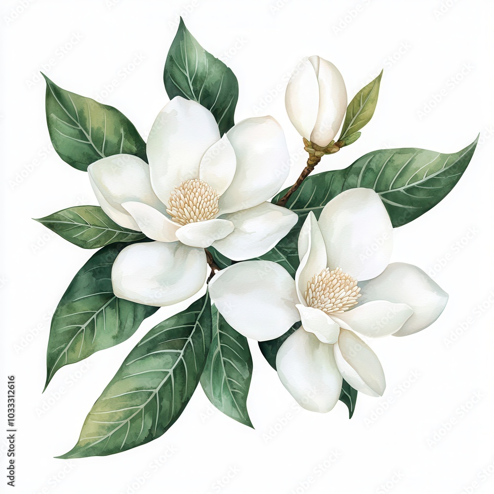 Magnolia flowers with green leaves on a white isolated background. Magnolia flowers with green leaves on a white isolated background.