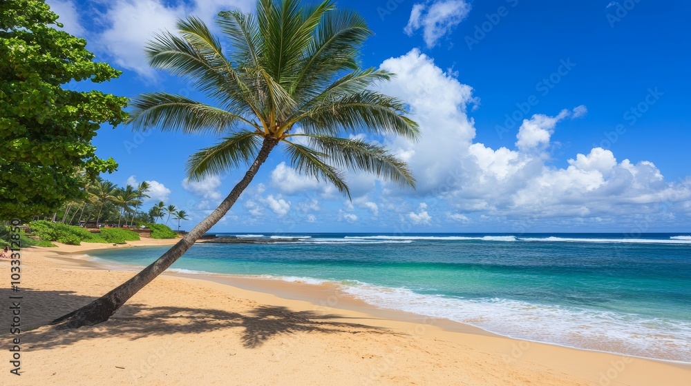 Obraz premium Tropical Paradise Beach with Palm Tree and Blue Sky