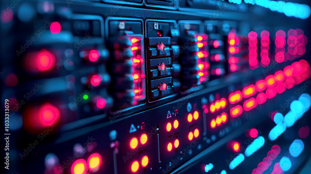 Close-up of a control panel with illuminated buttons and knobs, likely for audio or technology equipment. Close-up of a control panel with illuminated buttons and knobs, likely for audio or technology equipment.