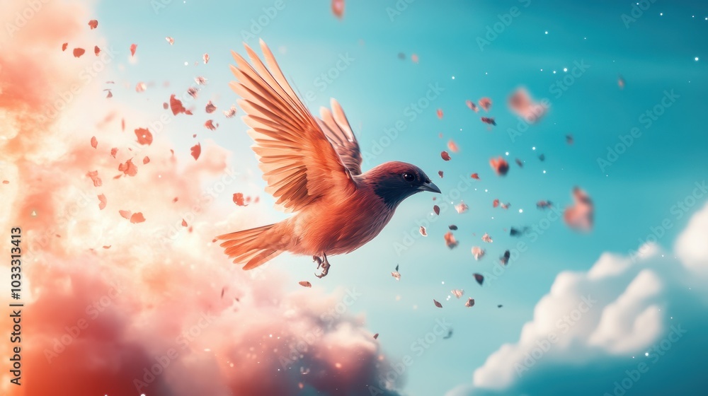 Fototapeta premium A fantastical creature with shimmering wings emerges from a swirling nebula, its eyes filled with an otherworldly wisdom.