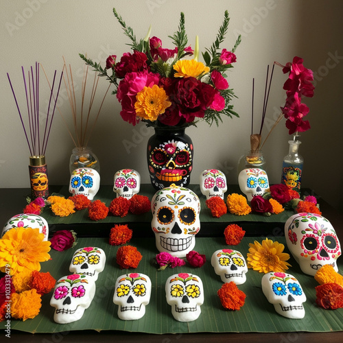 Traditional Day of the Dead altar with incense, flowers, and sugar skulls photo