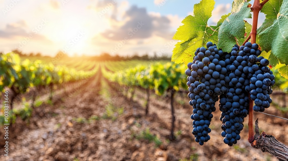 Ripe Grape Clusters on Vine at Sunset in Vineyard Ripe Grape Clusters on Vine at Sunset in Vineyard