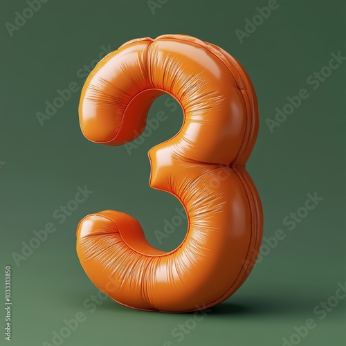 3D number 3 with Inflate, puffy shapes made of saturated orange soft detailed leather, folds and wrinkles on material realistic modern design, soft lighting, green background photo